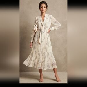 a new day Cream Floral Tie-Neck Pleated Long Sleeve Dress